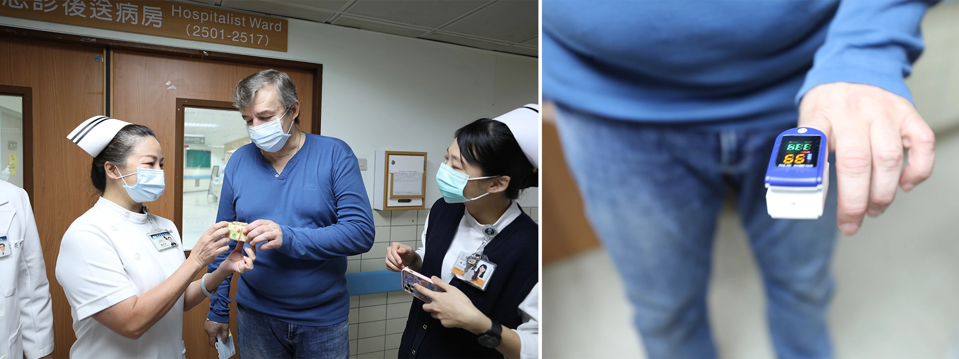 護理部主任鍾惠君送上行動式血氧偵測機,現場測量血氧濃度是健康的99