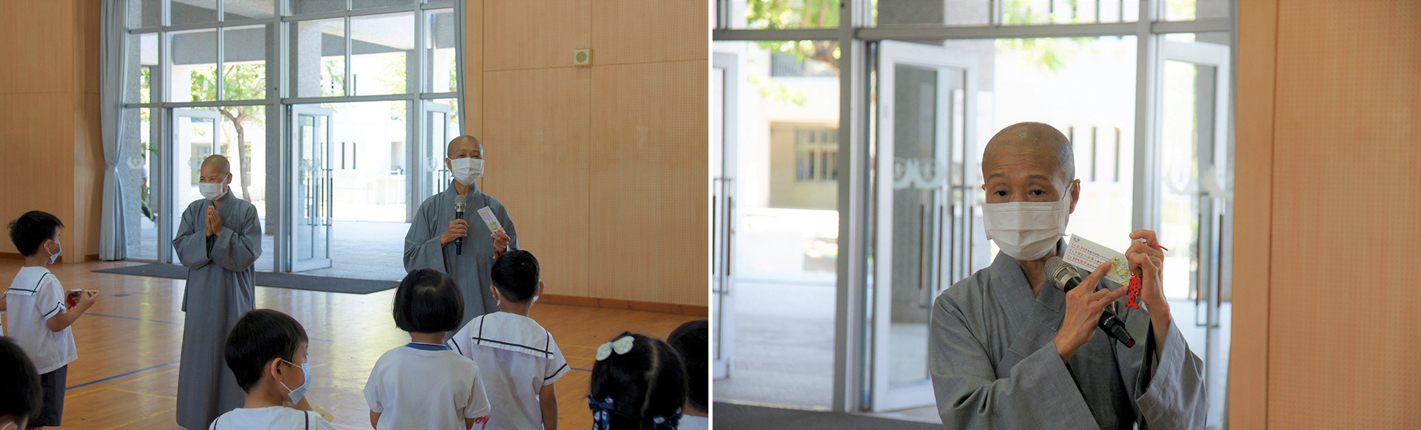 左圖:德勱師父與德渙師父以齋戒卡向幼兒園溫馨叮嚀,齋戒共聚善念「不要吃有父母的動物。右圖:德勱師父以吊飾向幼兒園學生溫馨叮嚀「愛無限,愛父母、愛同學、愛動物」。