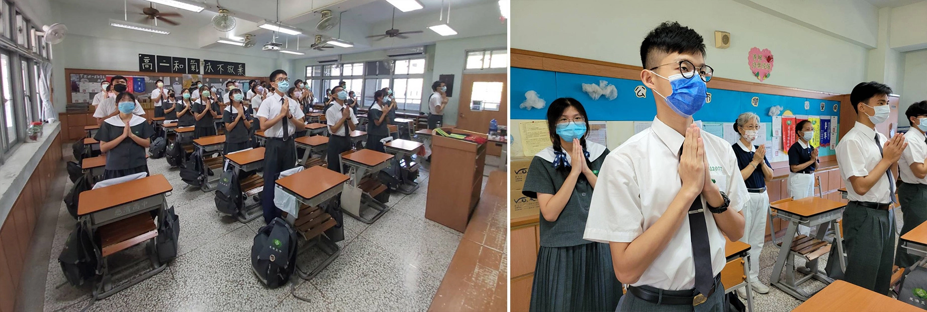 左圖:為落實防疫措施,浴佛典禮改為在教室收看直播,學生虔誠合十共聚善念。右圖:慈誠懿德會自一早即協助浴佛準備工作,並與班級學生一同參與浴佛典禮。