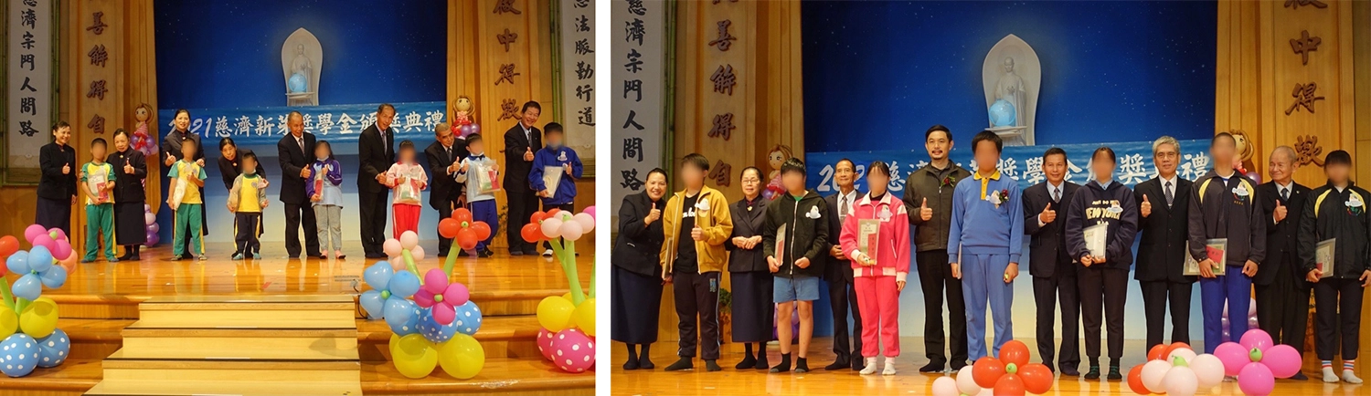 2021年宜蘭新芽獎學金頒獎典禮11月14日在慈濟羅東聯絡處舉行,本年度將近500位學子獲獎。/2021年宜蘭新芽獎學金頒獎典禮,宜蘭縣教育處長王泓翔(左七)上台頒獎並與獲獎者合影。