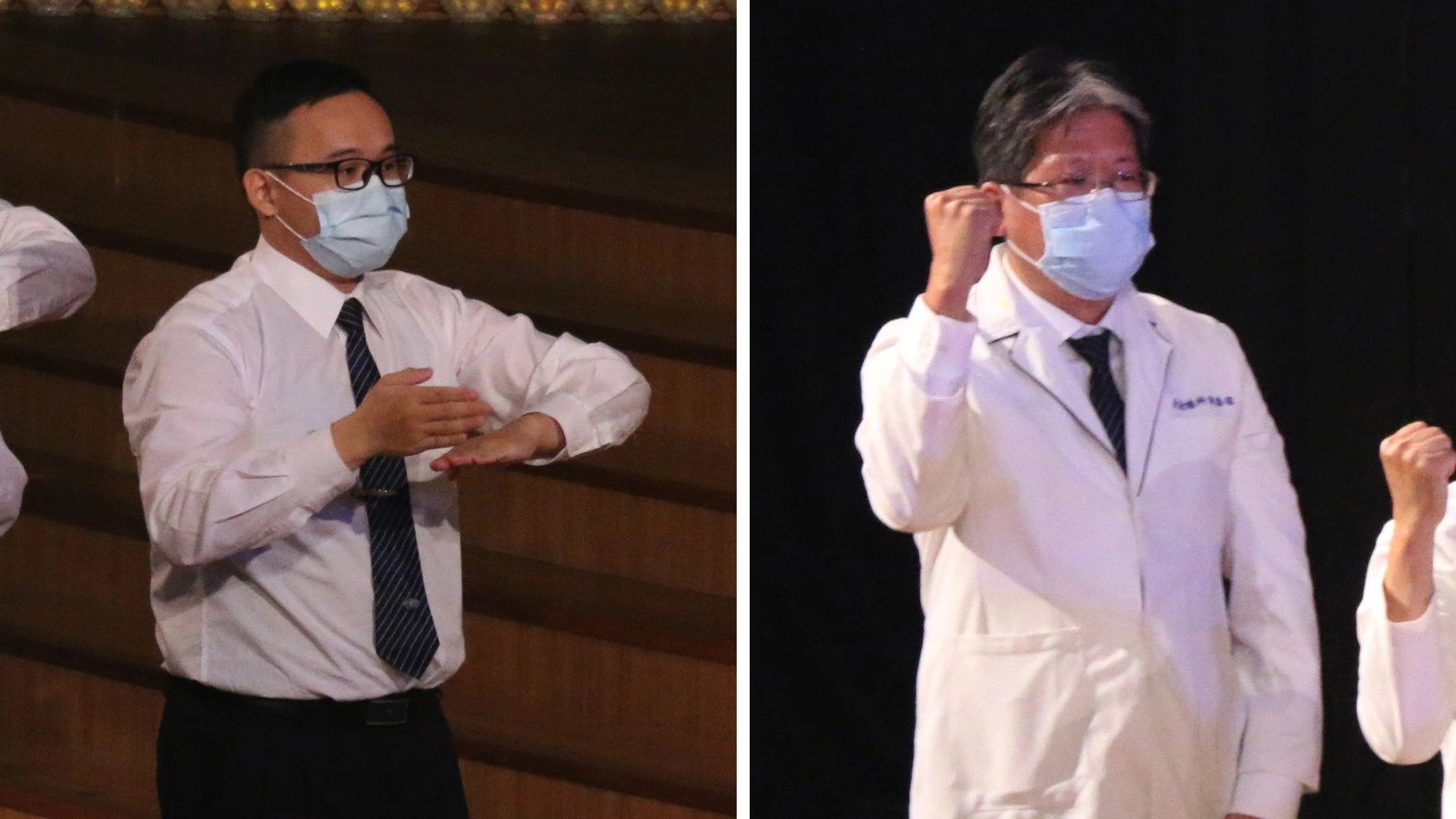 影像醫學技術主任劉泰程(右),藉參與演繹讓自己跟緊慈濟腳步。行政同仁朱耿利(左)第一次參與演繹表示要盡自己心力跟上證嚴上人的腳步。