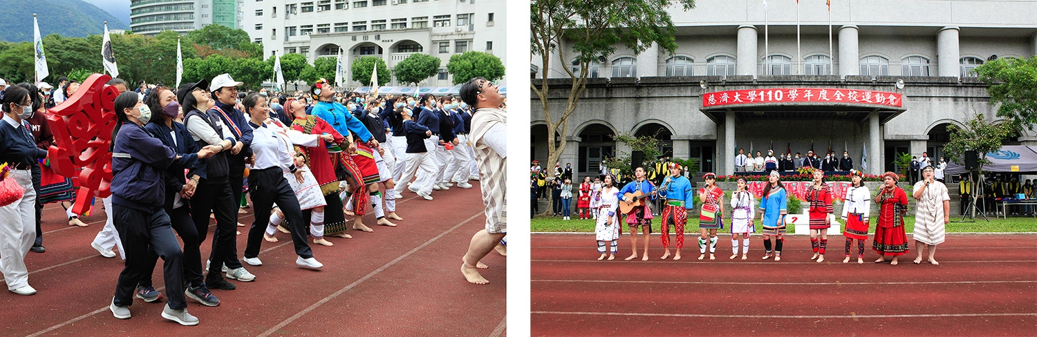 「Ah Wo~ Ho Hai Yan~醫海遼闊有緣同航&hellip;&hellip;」今天是慈濟大學27週年校慶運動會，由慈濟大學原民社領唱校歌，改編的校歌融合阿美族吟唱迴盪在操場上。
