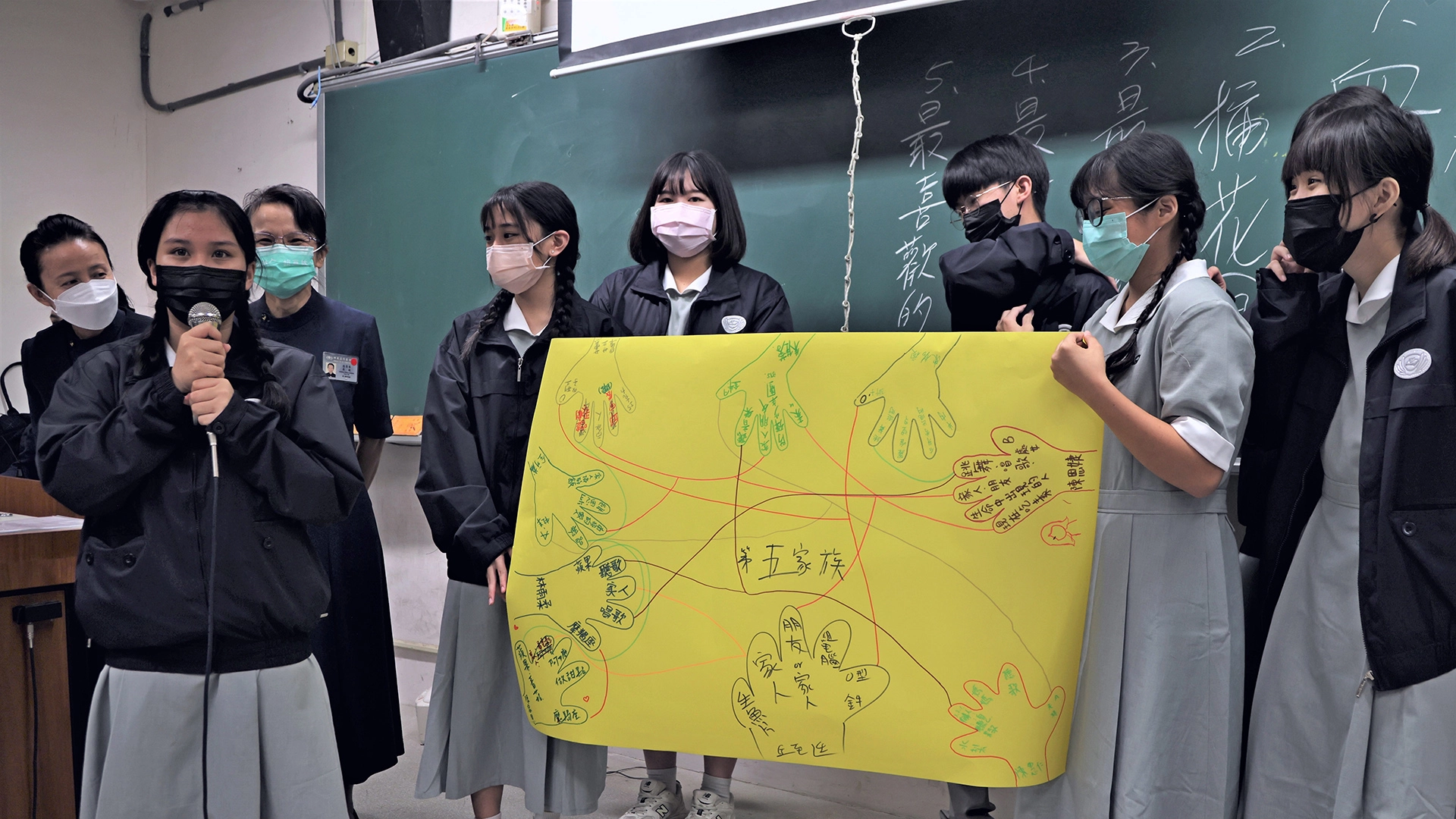 學生描繪手掌輪廓,寫下血型、星座、興趣、最牽掛的人事物,很快就消除陌生感。