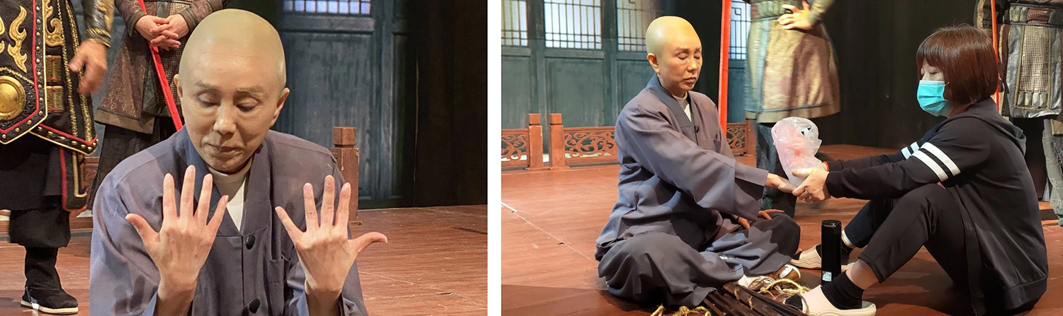 孫翠鳳搏命演出遭夾手指酷刑。/孫翠鳳演出《紫柏真可大師》雙手淤青。