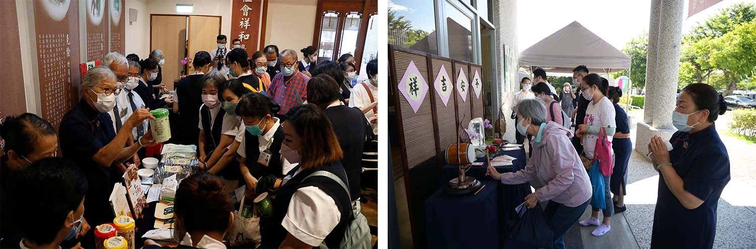台東慈濟於8月14日在台東靜思堂舉辦「七月吉祥月」活動。(攝影:洪岱瑩)/民眾可敲響和平鐘鼓,虔誠祈福。(攝影:李家鳳)
