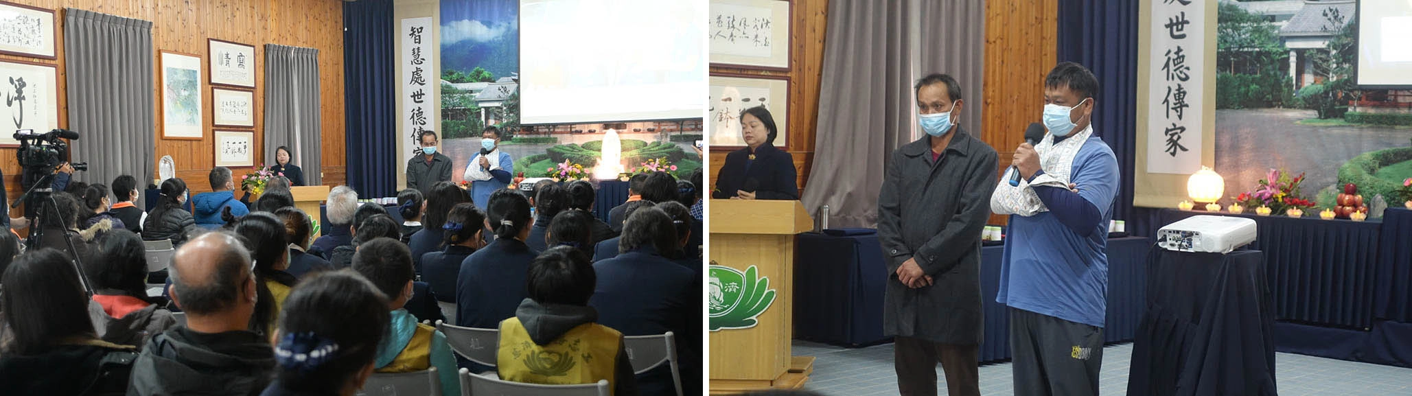 左圖:慈濟12月18日在池上鄉杜園舉辦歲末祝福感恩會,受災鄉親上台表達對各界善心人士的感恩。右圖:慈濟12月18日在池上鄉杜園舉辦歲末祝福感恩會,受災鄉親邱先生(右)上台表達慈濟協助修繕的感恩。