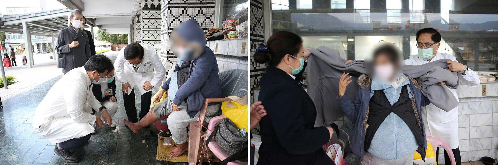 花蓮慈院團隊送上禦寒物資給住在火車站的李小姐(化名),但她雙腳浮腫並有不少傷口,而且肚子也是明顯腫脹,讓團隊很擔憂。