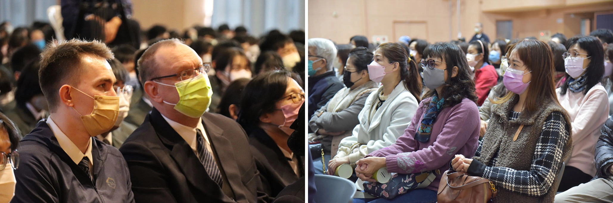 左圖:學校外師共同參與歲末祝福。右圖:家長們專心聆聽師父開示。