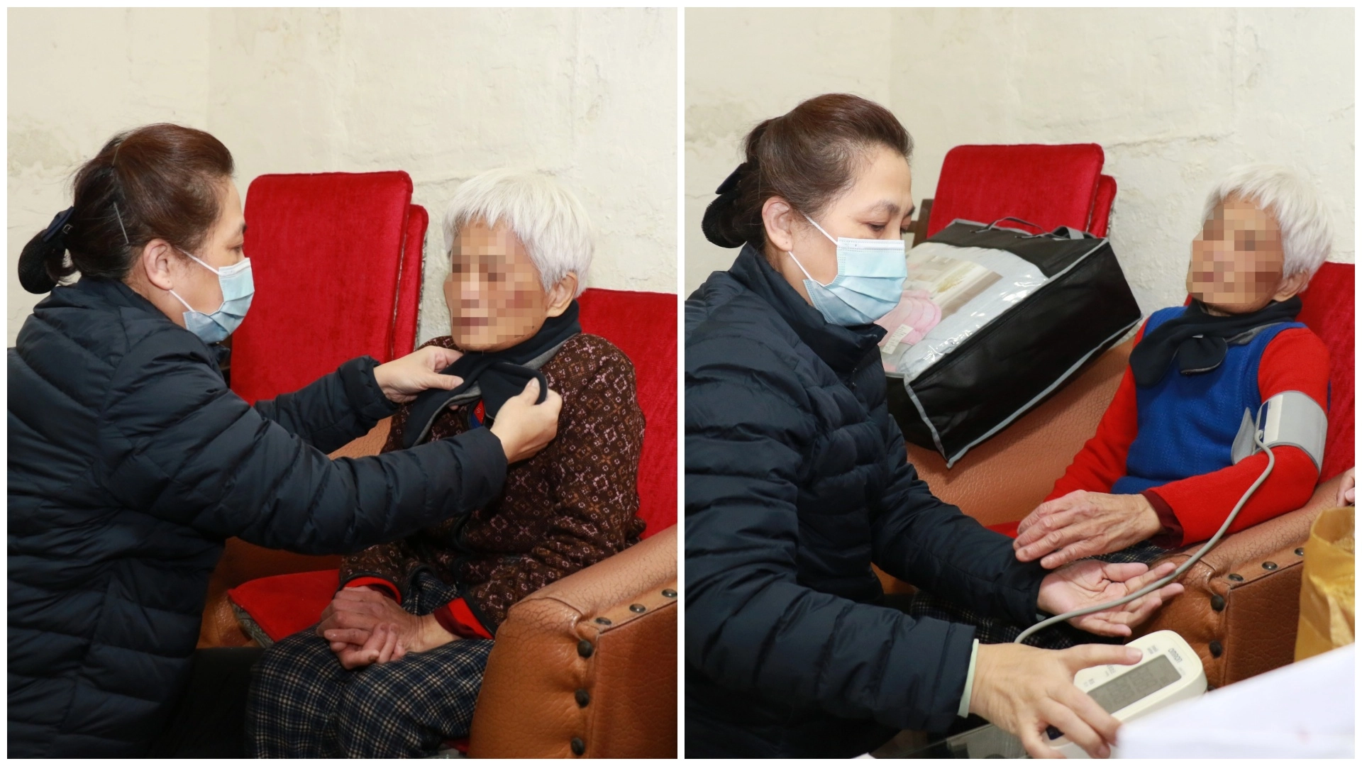 慈濟長照推展中心副召集人莊淑婷為長輩圍上圍巾禦寒,為長輩量測血壓。