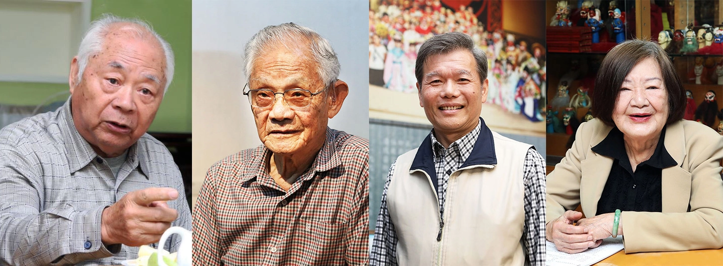(圖左至右)重要傳統工藝保存者:傳統建築彩繪—莊武男藝師、細木作—游禮海藝師<br />重要傳統表演藝術保存者:布袋戲—江賜美藝師、客家八音—鄭榮興藝師</p>