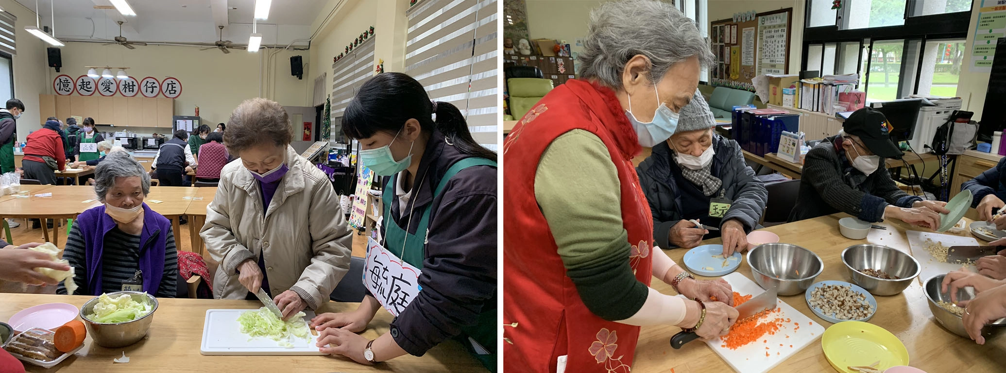 左圖:阿嬤足足站了超過20分鐘,只因「坐著切菜不順手、不俐落!」。右圖:阿嬤刀工一流,三兩下功夫就把紅蘿蔔切碎。