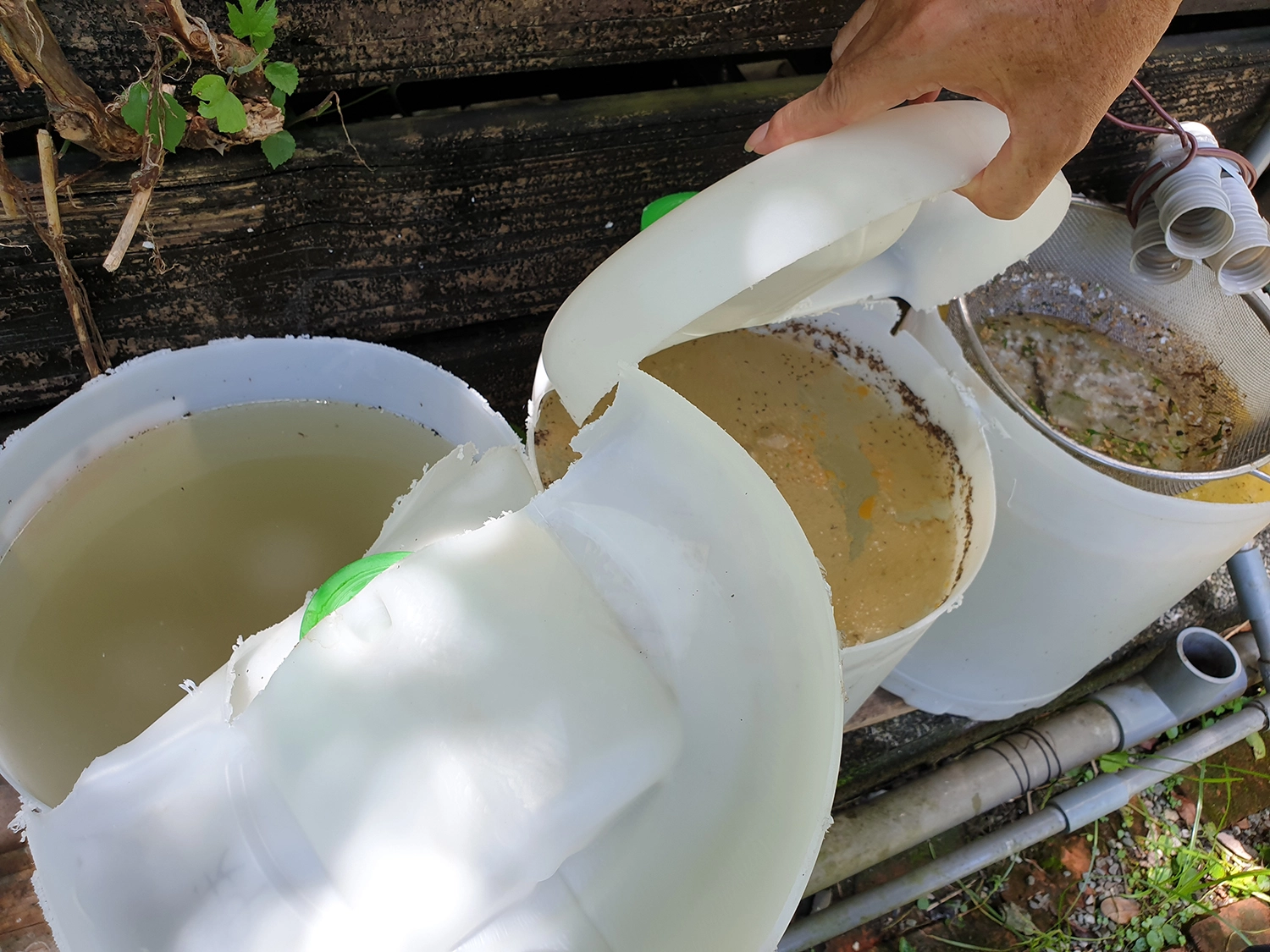 廚房的廢水裡有菜渣、有殘油等,利用三個水桶過濾進行「油水分離處理」再透過礫石中的滲透管流入土壤,再經土壤微生物分解後提供社區菜園作物所需的水與養份。