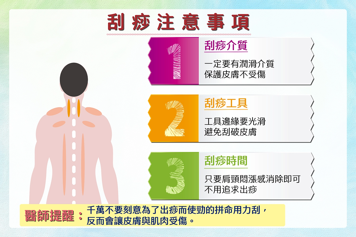 刮痧千萬不要為了出痧而用力刮痧,肩頸悶漲感消除就可以停止。