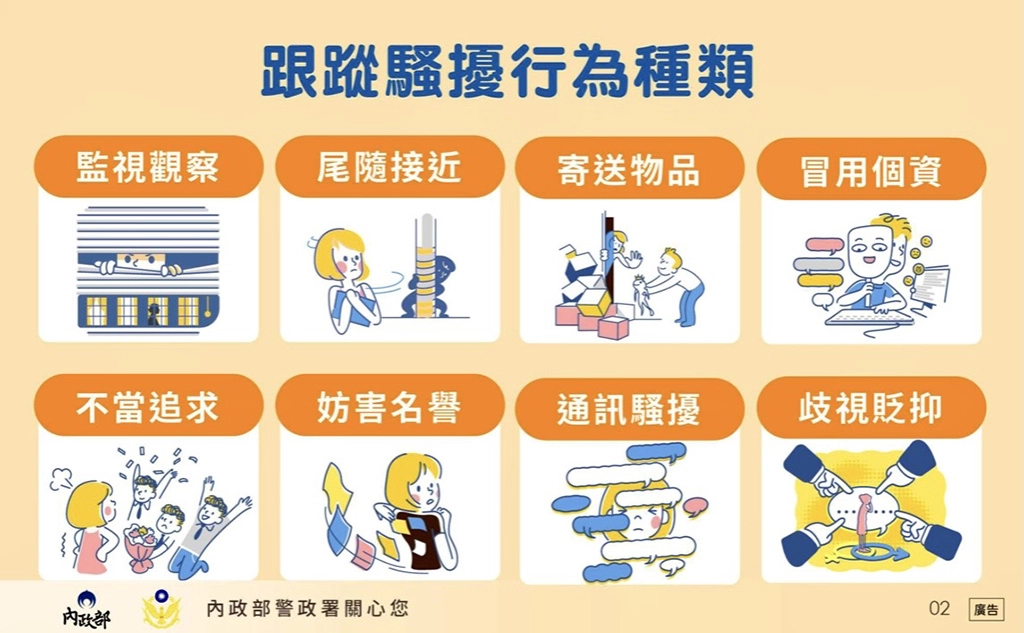 臺北市保大員警宣導民眾認知八大類跟騷行為,包括:監視觀察、尾隨接近、寄送物品、冒用個資、不當追求、妨害名譽、通訊騷擾、歧視貶抑。