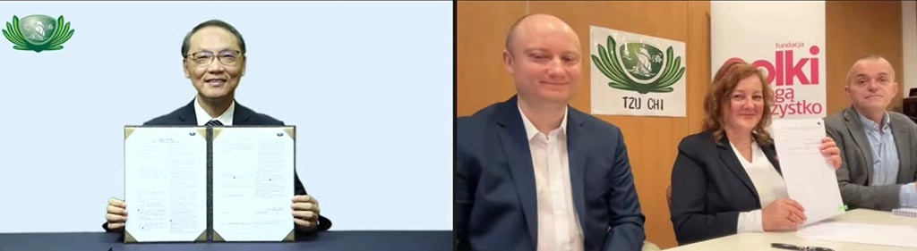 慈濟與波蘭婦女基金會5月4日簽訂慈善合作契約書,由慈濟慈善事業基金會顏博文(左視窗)與波蘭婦女基金會董事長喬安娜(右視窗,中)代表簽訂。