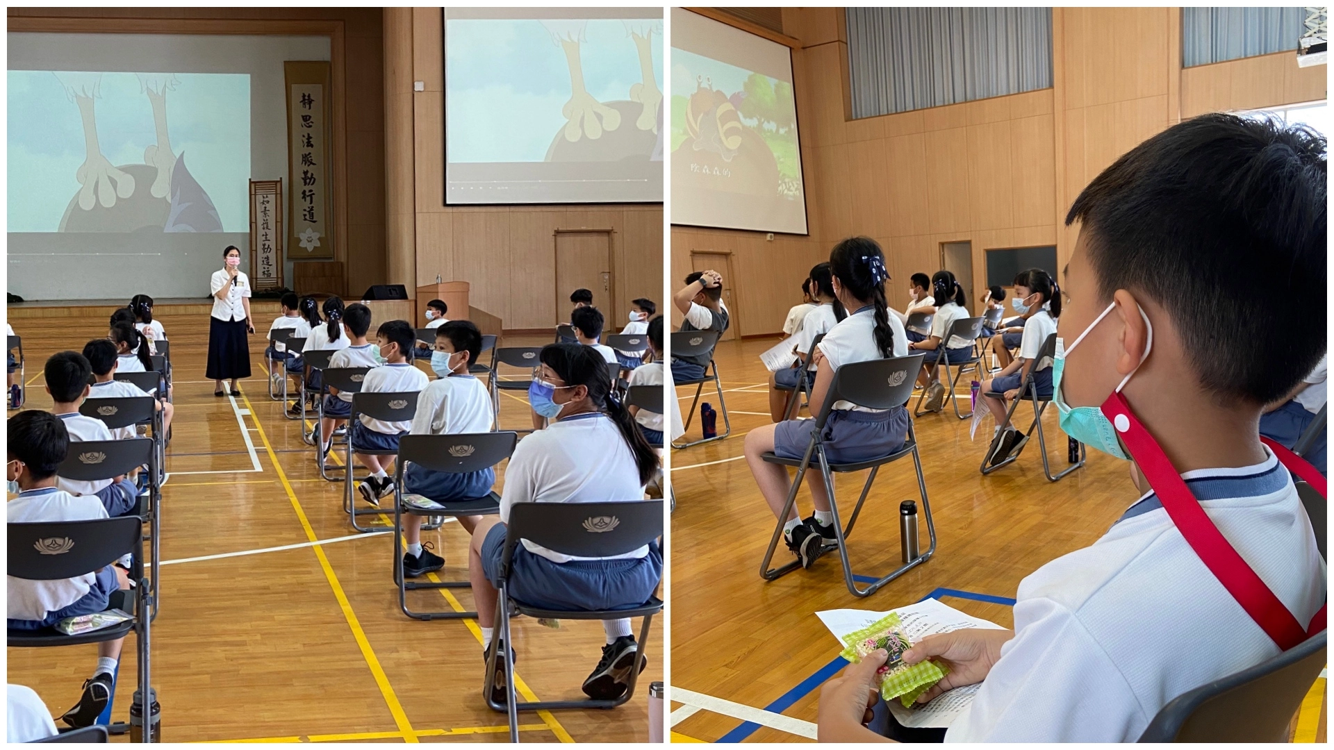 小學部顏秀雯主任進行疫苗接種後的衛教宣導,提醒學童多喝水、兩周內減少劇烈運動。學務處貼心準備餅乾、巧克力球,及大螢幕播放卡通舒緩學童疫苗施打的緊張與不安。
