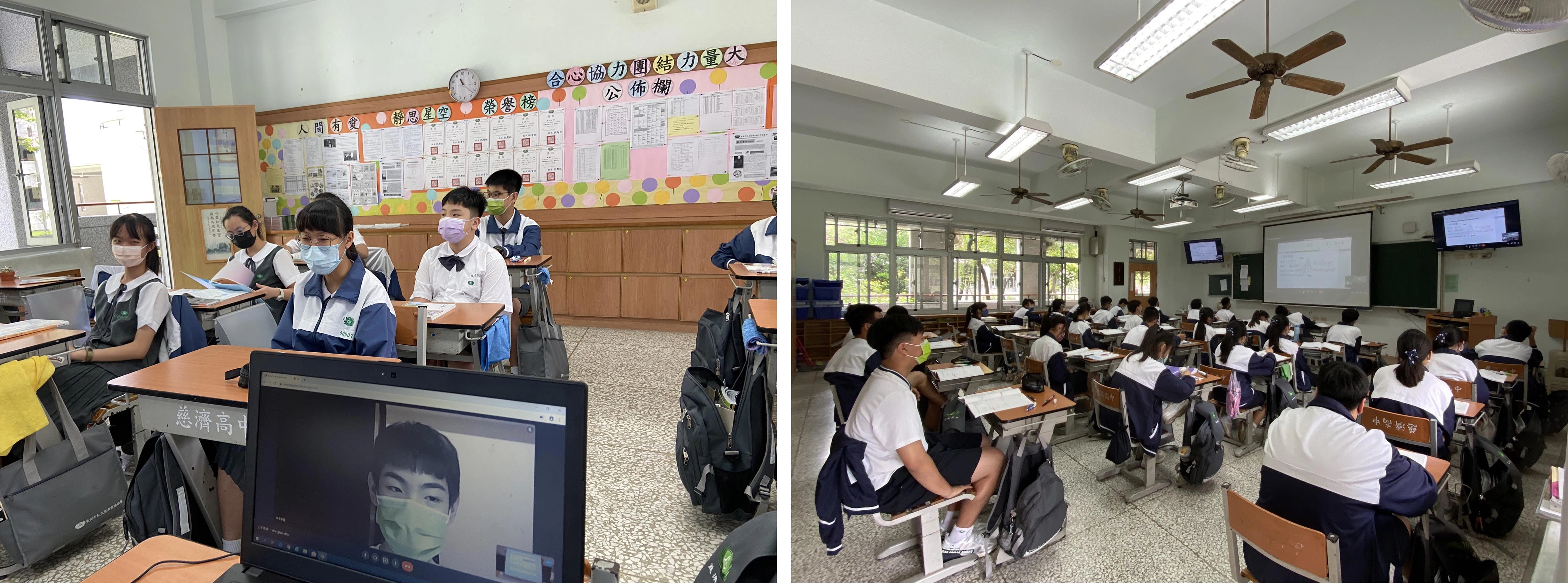 (圖左)教室最好的位置能投影老師實體上課情形給線上同學,任課老師也同步可看到線上同學上。(圖右)老師雲端授課,透過導師和同學研擬筆電最佳放置地點讓任課老師線上也能透過鏡頭了解。