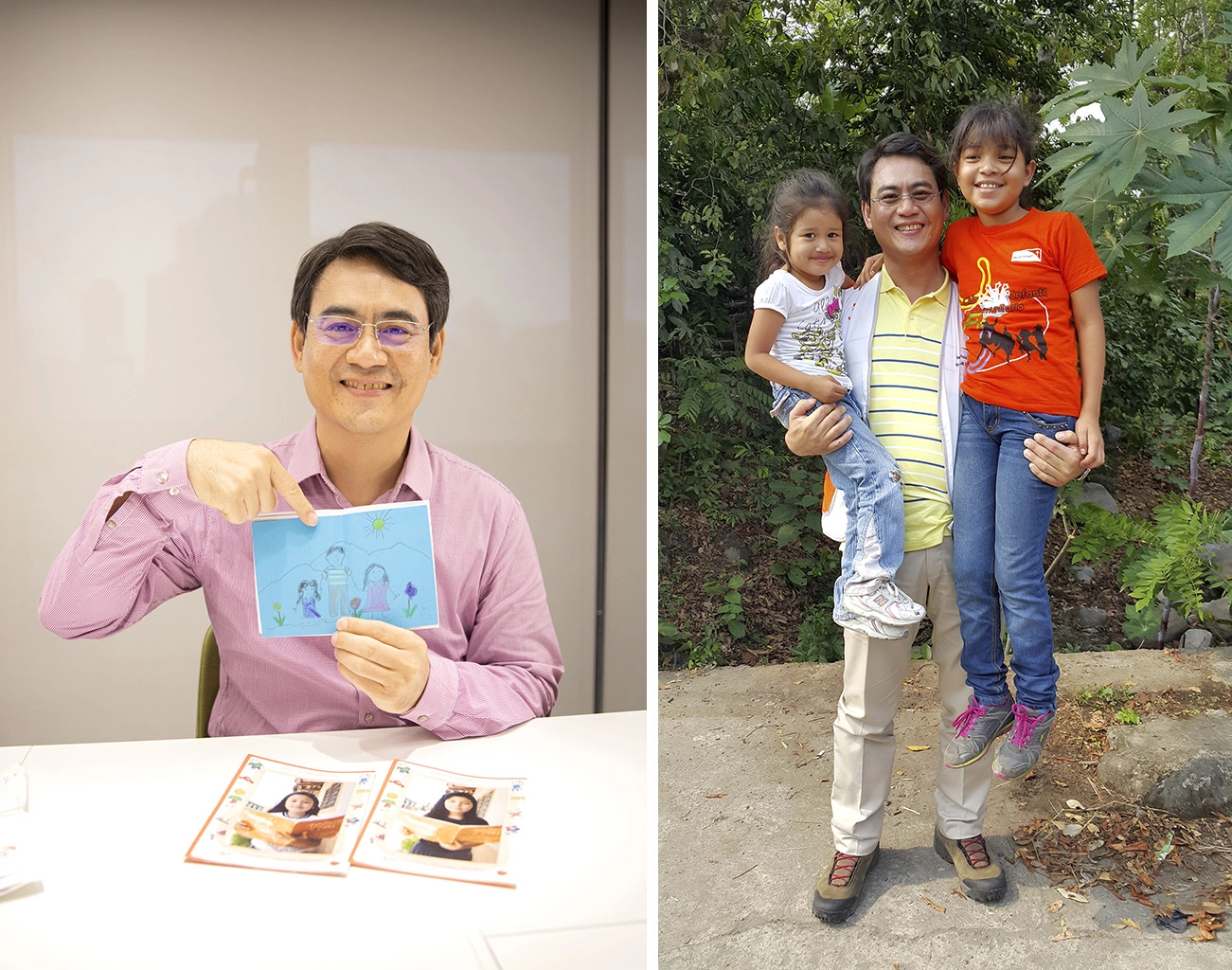 左圖:資助人張景堯至今仍珍惜保存小姊妹倆親手製作的相冊、歷年成長紀錄及信件。右圖:在薩爾瓦多的相處時光,資助人張景堯兩手抱著小姊妹留下合影。