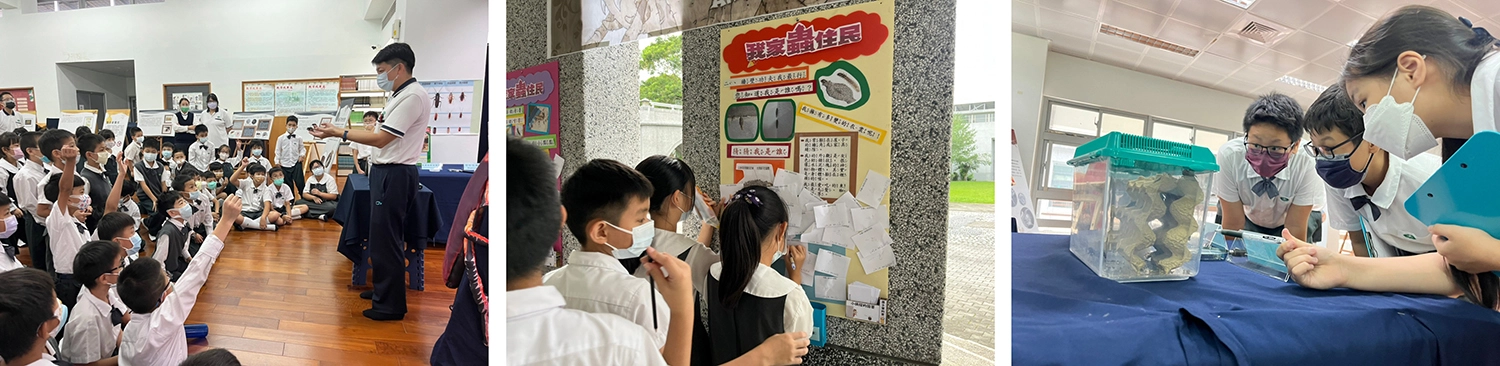 學生專注聆聽蟑螂達人政宏老師說明並示範如何更清掃蟑螂便便。/學生熱烈參與自然小偵探有獎徵答。