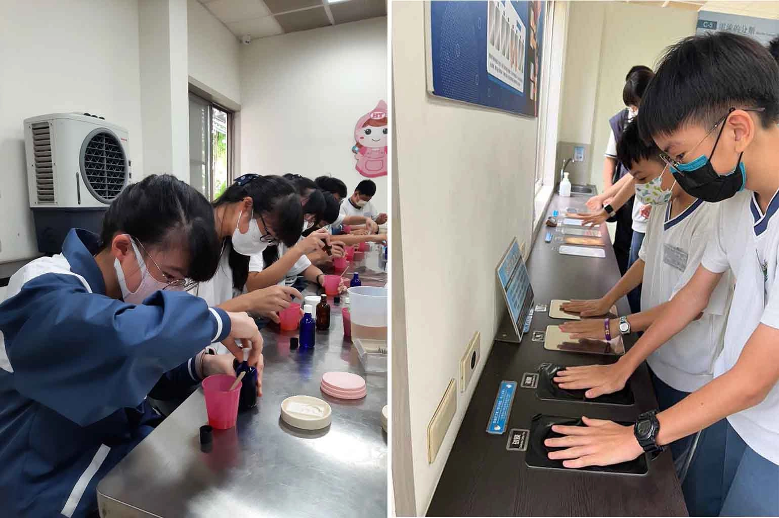 左圖:挑選喜歡的精油,一起製作獨特的芳香公仔。右圖:參訪在地產業,體驗並感受磁波傳導。