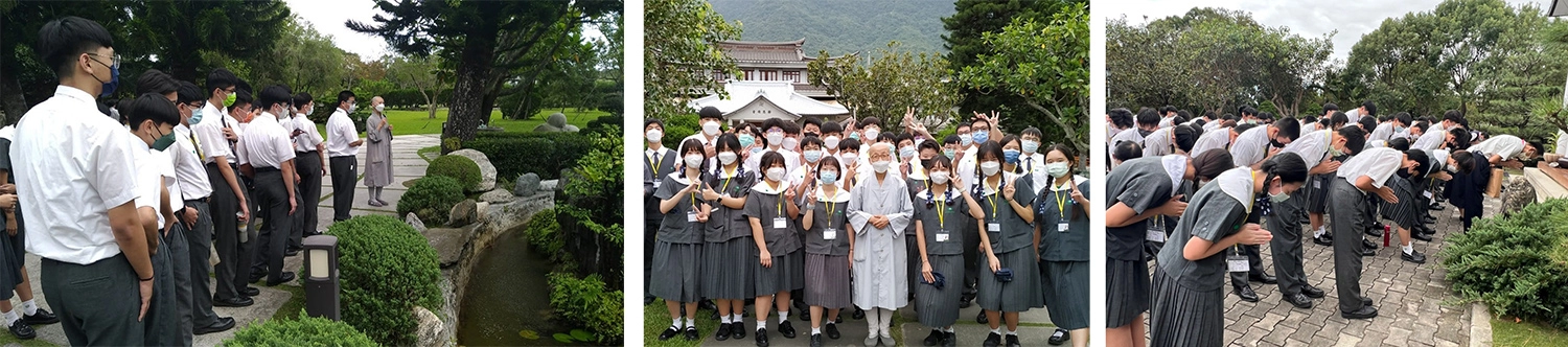 高二同學們回返精舍,尋根之旅充滿感恩。/精舍師父與臺南慈中孩子互親互愛。/臺南慈中雖然位於臺南,心念精神無不歸屬上人法脈。