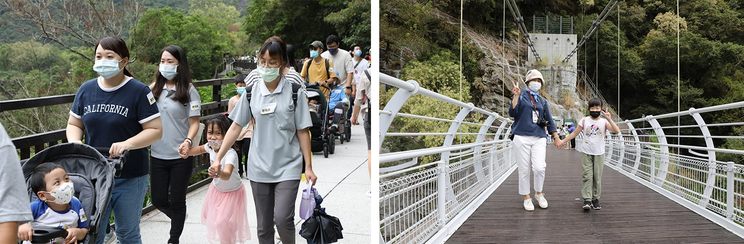團隊特地安排大家走布洛灣吊橋,路途平穩暢通,最大程度避免需要上下爬坡的路程,讓每位病友和家屬都能輕鬆感受被山水環繞的感覺。