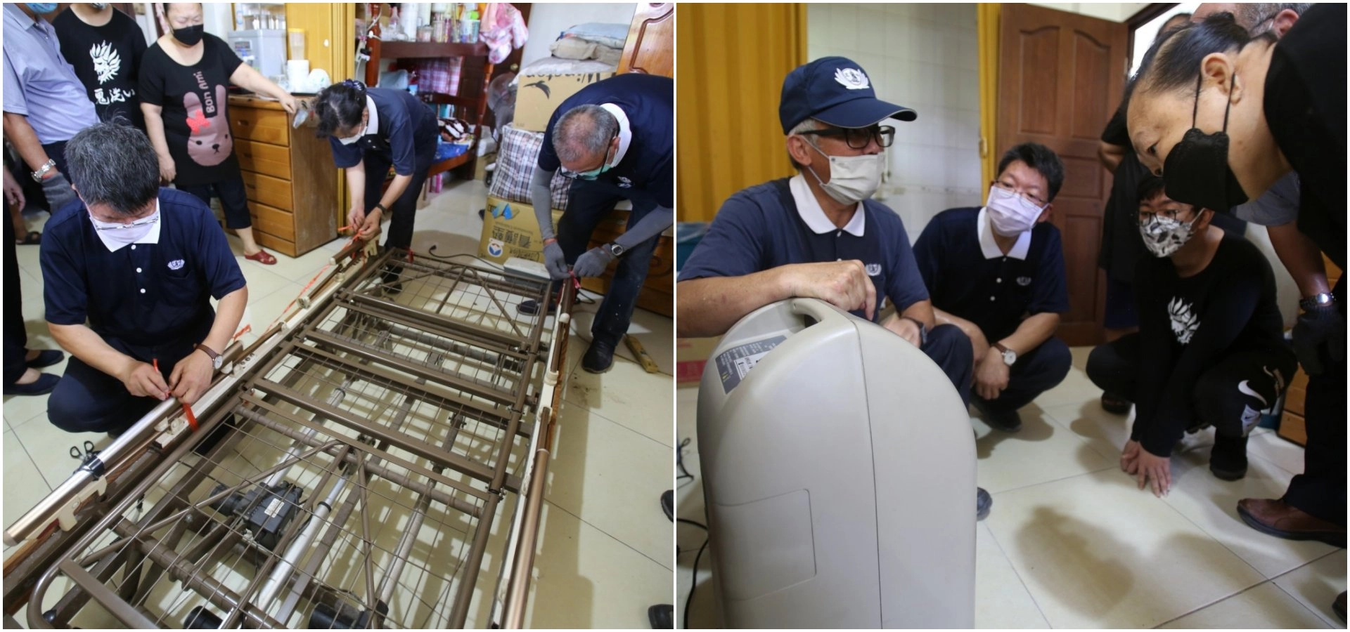慈濟7月送來陳家需要的電動醫療床、製氧機,志工說明使用方法。