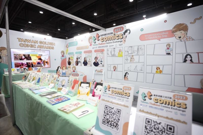 臺灣漫畫展位展示金漫獎作品及金漫獎介紹影片,並規劃互動牆面讓現場讀者共創。