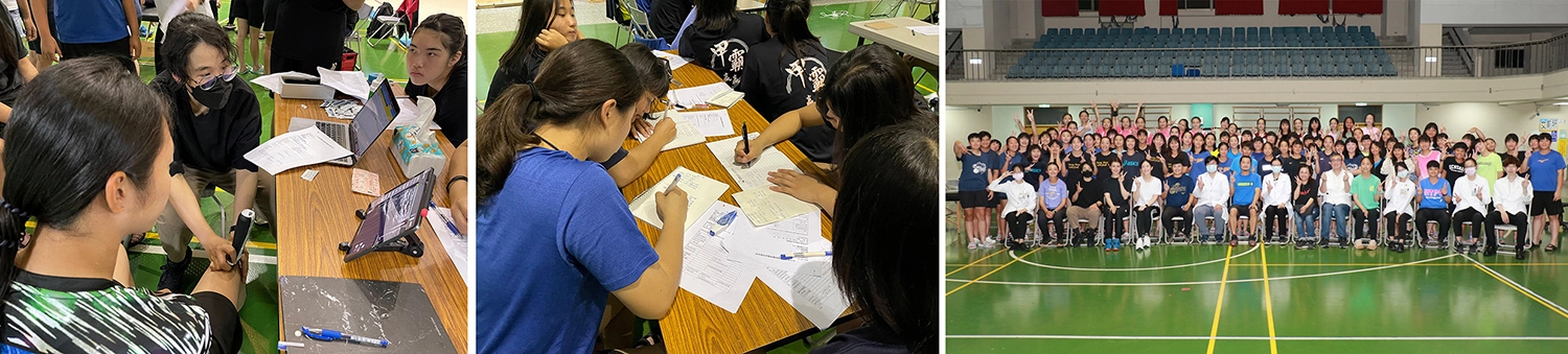 陳佳菁醫師(中)以超音波檢視選手關節周邊組織狀況。/選手認真聆聽醫師分享,並將重點紀錄參考。/醫師與選手及教練合影。