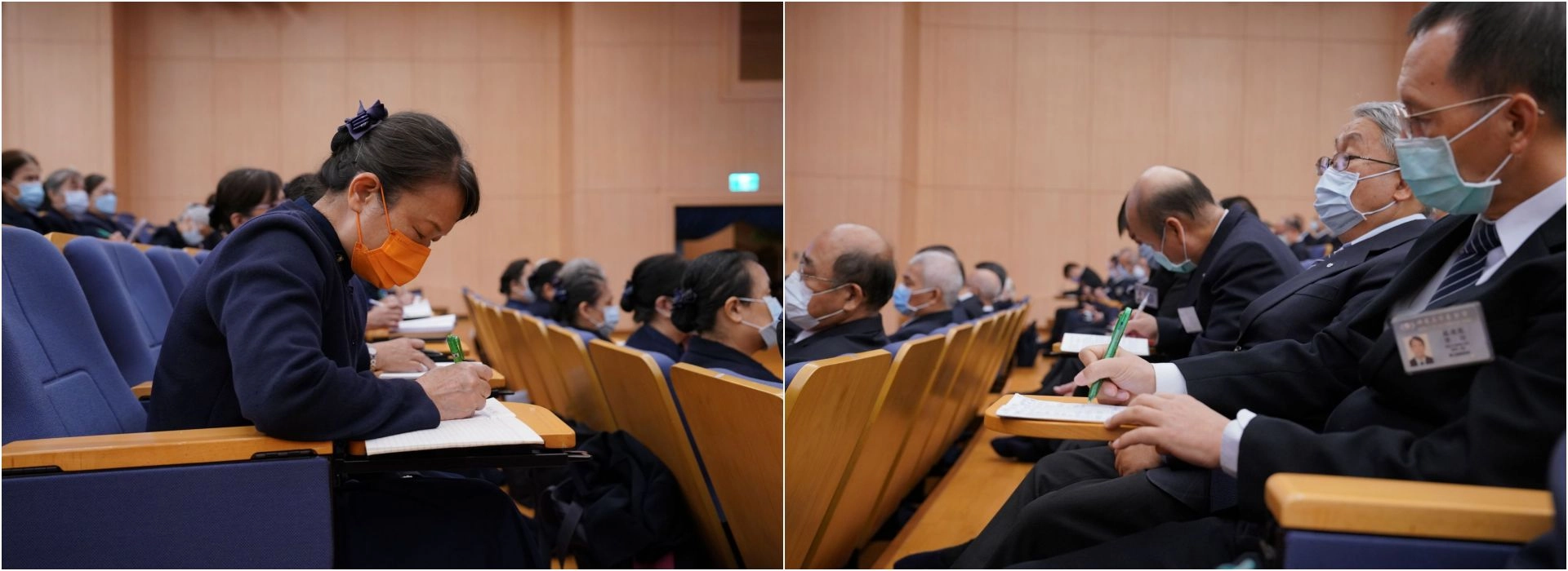 台上顏靜曦李節子師姊分享內容精彩,台下志工也努力筆記,不想錯過任何法脈精髓。