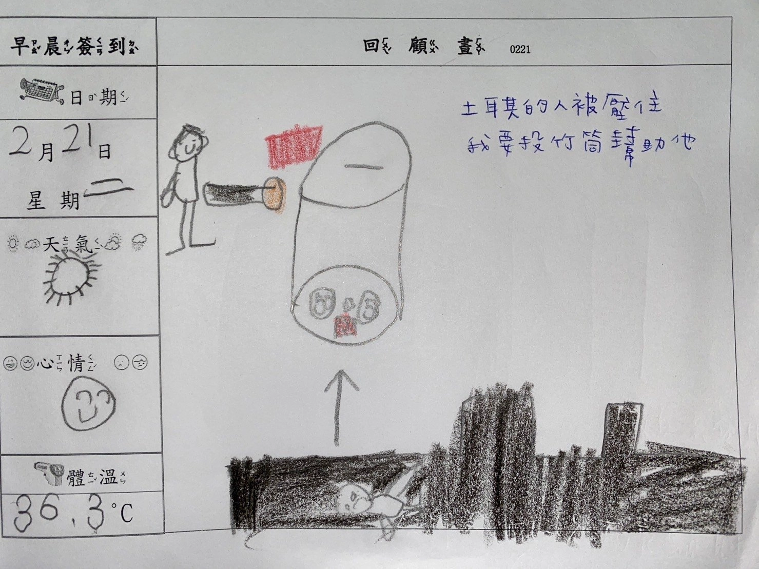 幼兒園小朋友透過畫表達自己想幫助土耳其地震受難的人