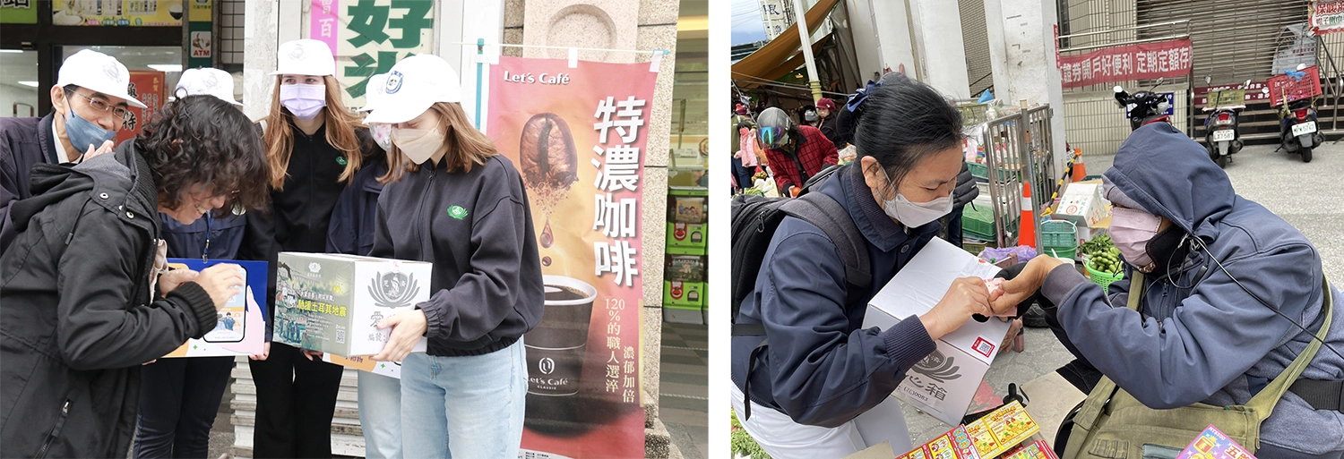 2月25日來自烏克蘭的慈大國際生走上街頭募心募愛。(圖為慈濟基金會提供)/坐在輪椅上賣彩券的老闆主動表示要捐錢給土耳其地震災民。(圖為慈濟基金會提供)