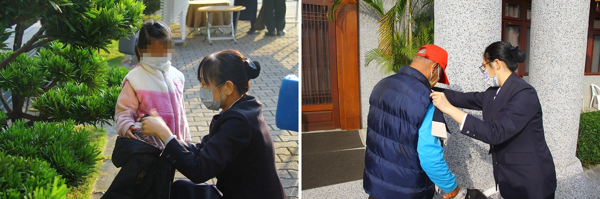 左圖:美蓮老師暖心為照顧戶小孩挑選衣服。右圖:子萲老師貼心比量照顧戶的衣服是否合身。