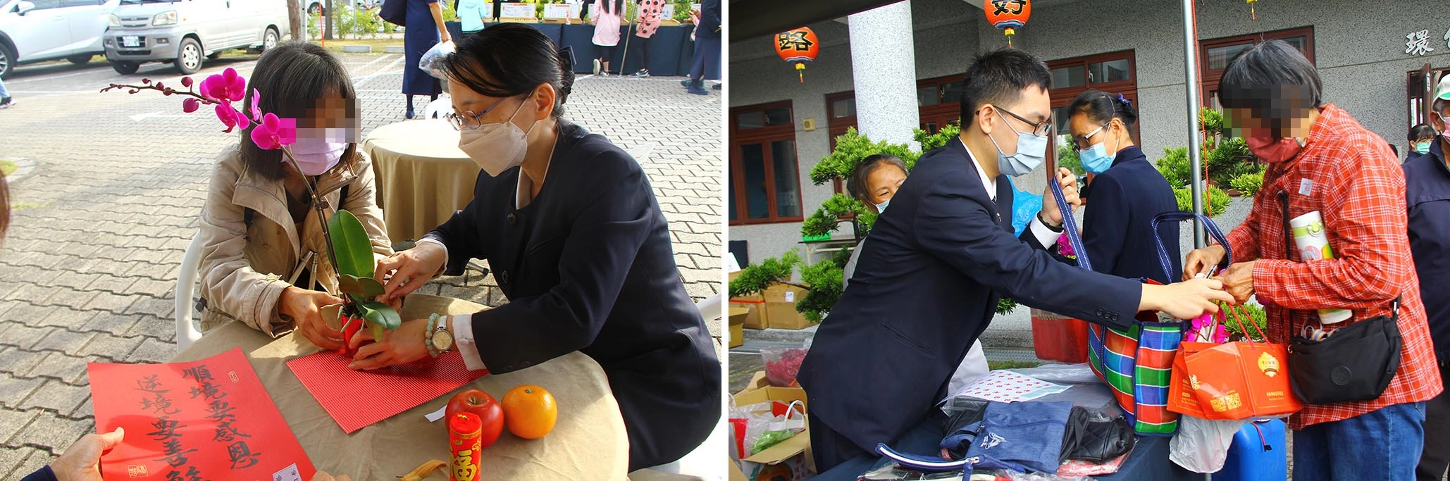 左圖:曉瑩主任溫馨陪伴照顧戶手作花道作品。右圖:逸寧老師細心將物資整理好,確實交到照顧戶手中。