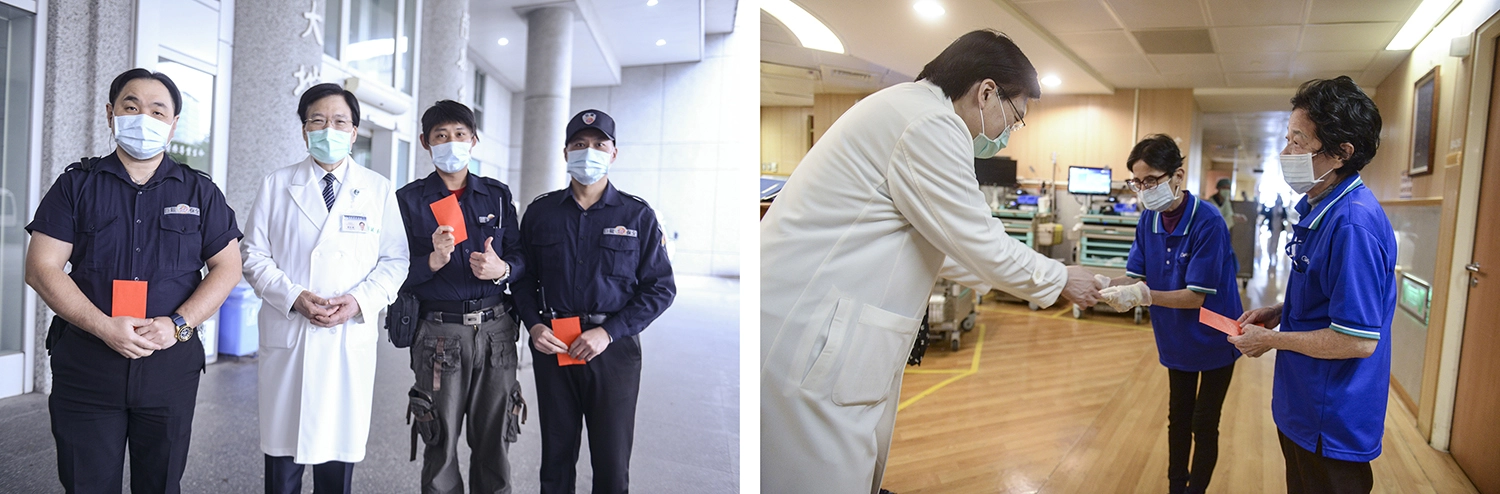 趙院長感恩外包團隊的辛勞,送上感恩紅包。圖為警勤人員、清潔人員。(圖/連志強)