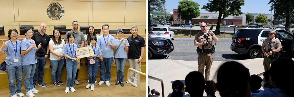 孩子親手繪製Walnut市政廳圖像感恩卡給市長,參訪縣警局時警長向孩子展示執勤裝備-霰彈槍。