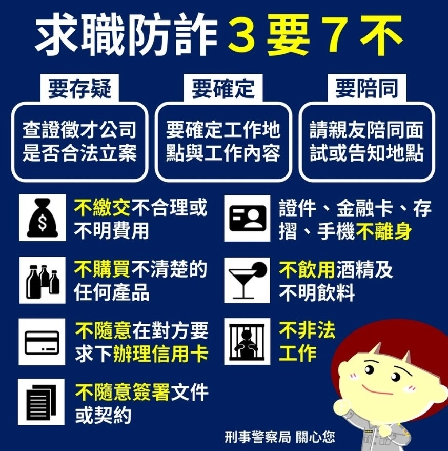 臺北市保安警察大隊宣導「三要原則」:「要確認、要存疑、要陪同」,以保障自身權益及安全,避免因求職心切間接成為詐騙共犯而誤觸法網。