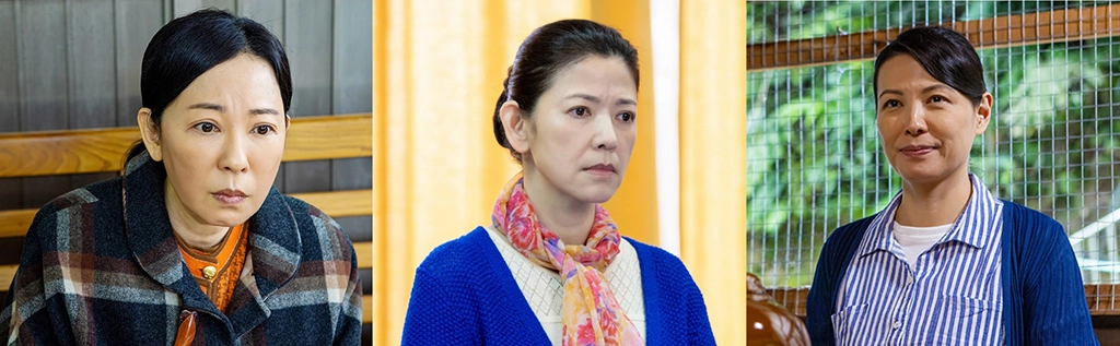 況明潔(左起)、陳明真、陳孝萱褪去「女神級」風華,扮演莊嚴的訪視師姊