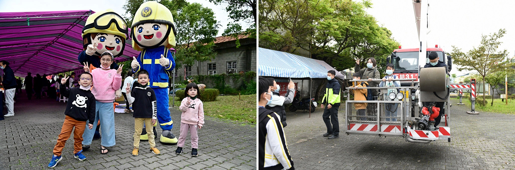 右圖:競賽場外各式主題相關的攤位也吸引同學。左圖:競賽場外各式主題相關的攤位也吸引同學,圖為師生體驗雲梯車,感受消防隊員的辛苦。