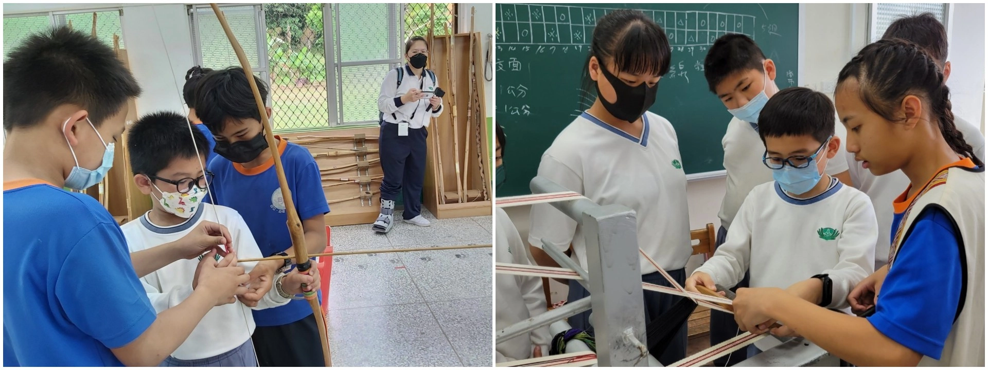 明利國小學生指導慈小同學如何射箭,與指導實際體驗原住民織布文化