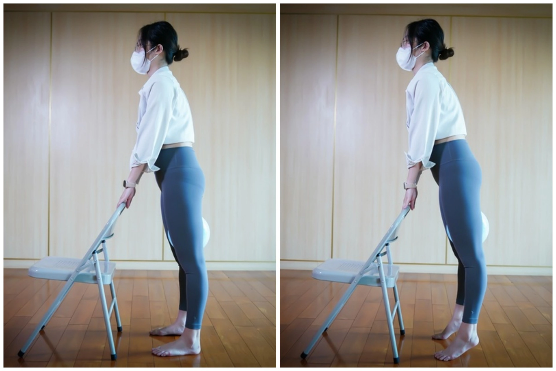 站姿凱格爾運動:手扶著椅背或桌緣,雙腳夾球後,踮起腳尖並維持10秒。