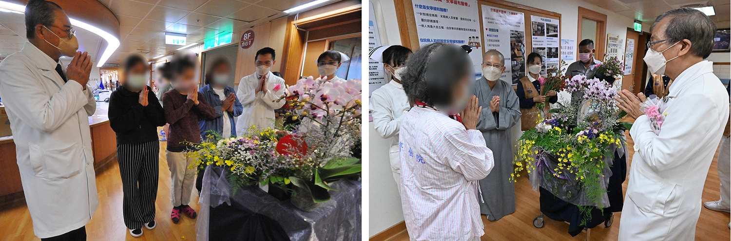 在病房,精舍師父與醫療團隊歡喜邀請病人、家屬浴佛,再送上福慧珍粥與應景的康乃馨,分享三節合一的溫馨喜悅。