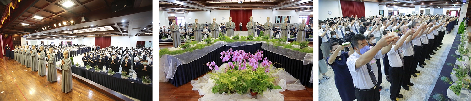 慈濟科技大學舉辦浴佛典禮。/8位靜思精舍常住師父帶領師生浴佛。/大家虔誠祈禱,祥和社會,天下無災難。