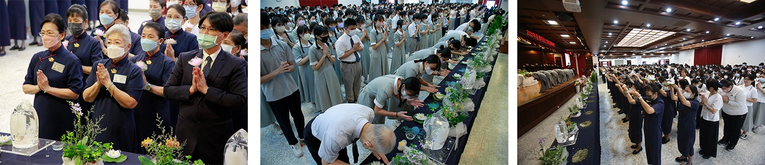自1989年慈濟護專創校起,就擔任懿德媽媽的林智慧,至今仍以身教替代言教,持續陪伴學子。/大家凝聚善能量,祈願淨化人心。/儘管只有900名師生參與浴佛,莊嚴氣氛依舊不減。