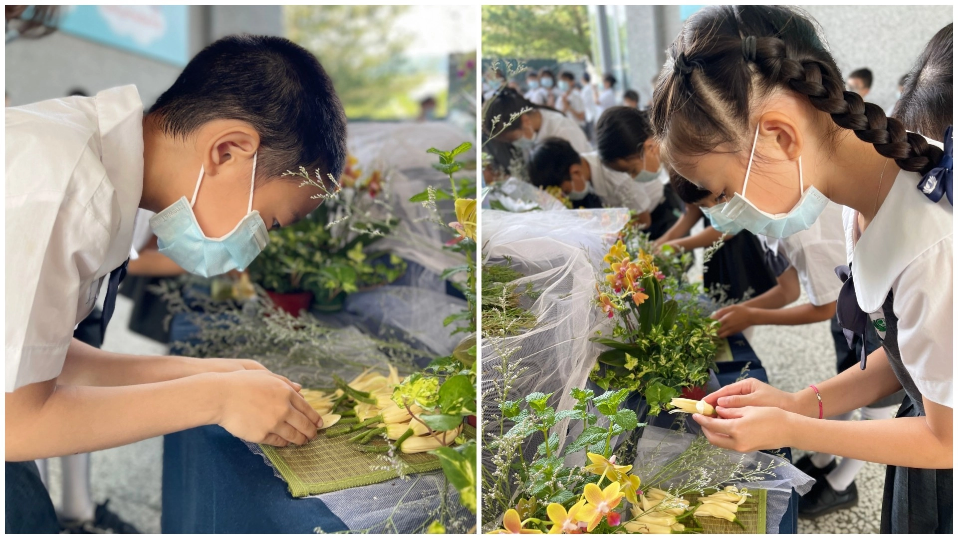孩子們雙手合十一一至佛前,禮佛足、接花香,藉由彎腰禮佛洗滌自己的心靈與煩惱,個個行禮如儀,以最虔誠的心參與浴佛。