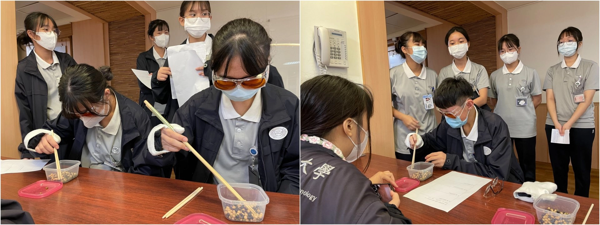 手背綁著沙袋,護理科系學生從夾豆子中,了解病人的手部控制力下降時影響到生活能力。