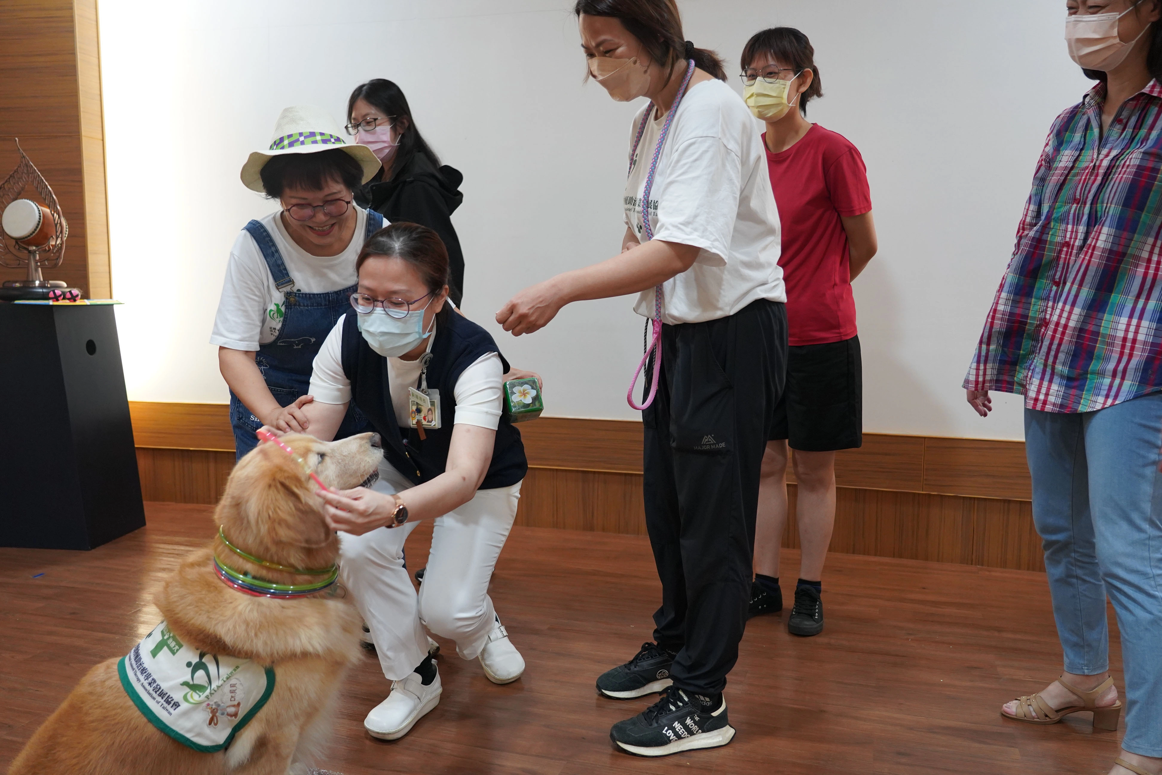 台中慈院副護理長林怡萱(中)在「黃金三角模式」下與治療犬貝貝互動。