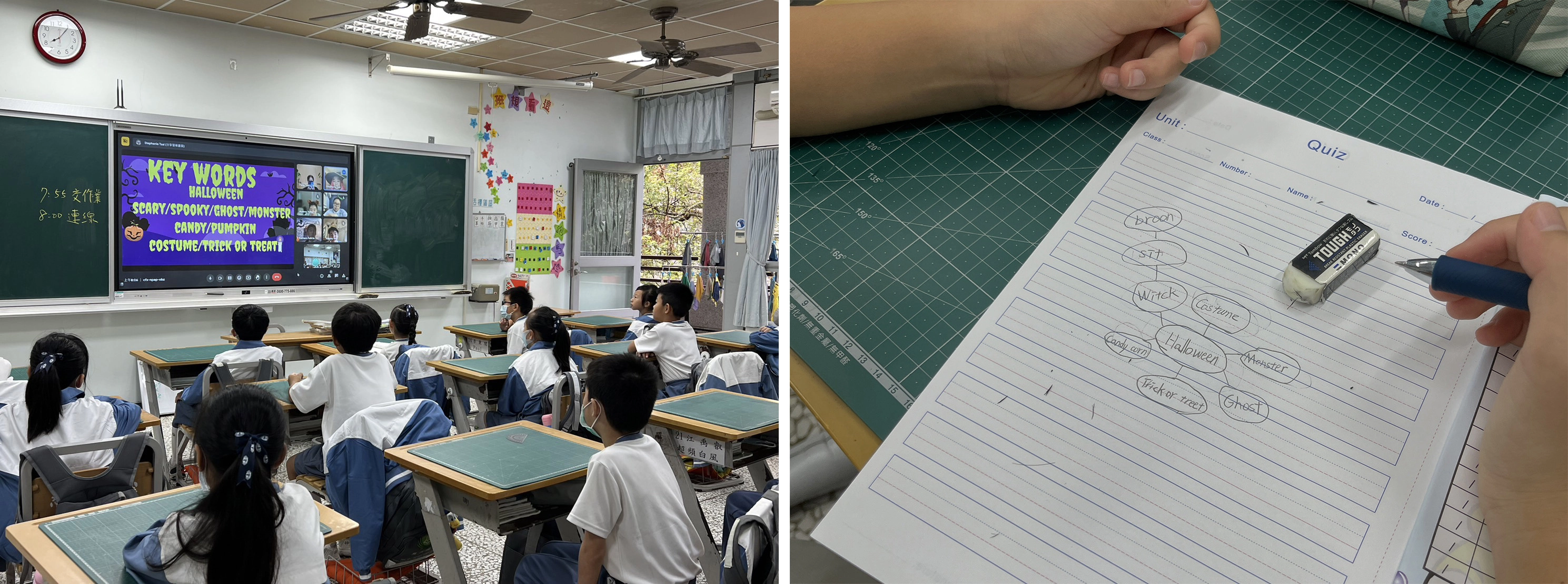 (圖左)小朋友學習萬聖節單字。(圖右)小朋友用心做筆記,畫萬聖節心智圖。