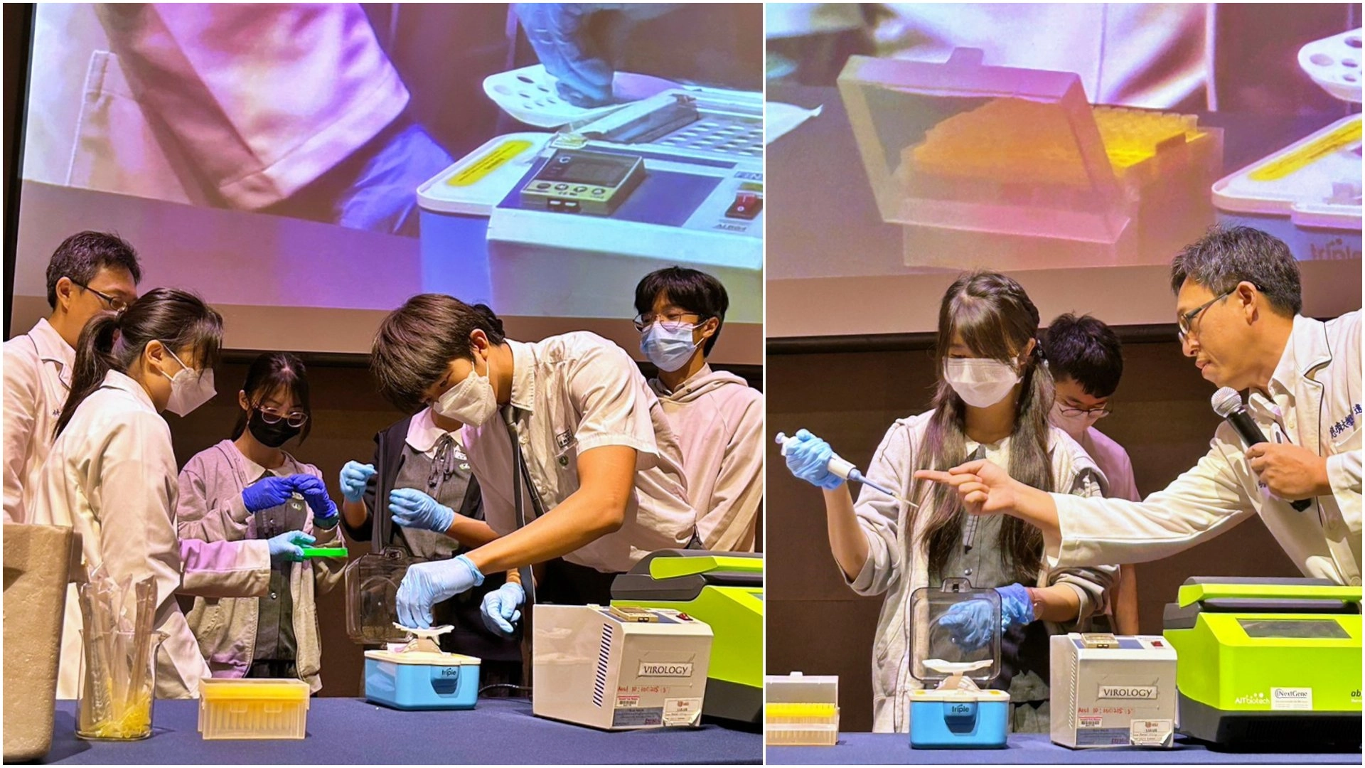 (左圖)8/29吉隆坡慈濟國際學校的學生進行樣品的離心過程 <br/>(右圖)在慈濟大學林明德副教授的指導下,學生學習如何正確操作微量分注器以確保精確的實驗結果