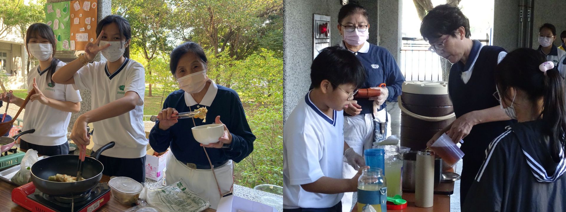 (左圖)學生和慈懿合作製作香椿抓餅,還用環保碗裝,美食變得更美味了。(右圖)攜帶環保杯買飲料,清涼又愛護地球。